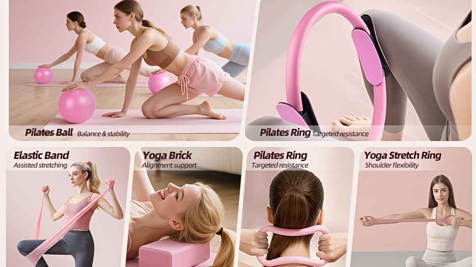 Pink 14-Piece Pilates Ring Set with Two Balls, Five Resistance Bands, Foam Block and Drawstring Bag