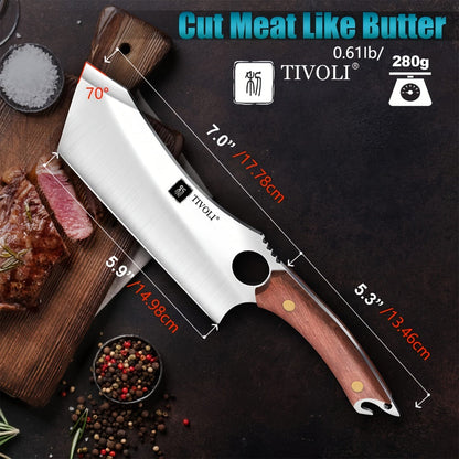 Full-Tang Meat Cleaver with High-Carbon Steel Blade, Wood-Look Handle, Brown Sheath and Presentation Box