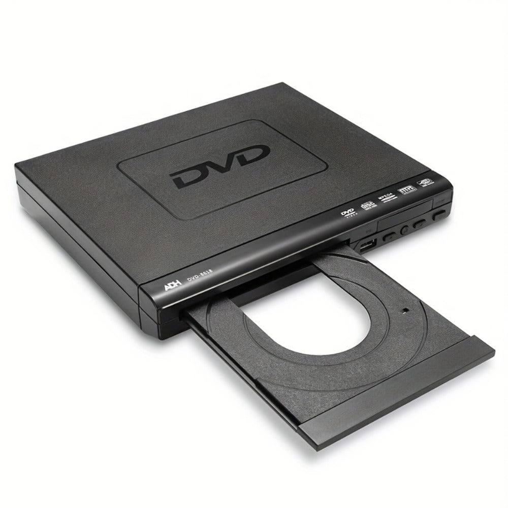 Compact Black DVD Player with USB Port, AV Output, Remote Control, RCA Cable and US Plug for Home TV