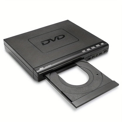 Compact Black DVD Player with USB Port, AV Output, Remote Control, RCA Cable and US Plug for Home TV