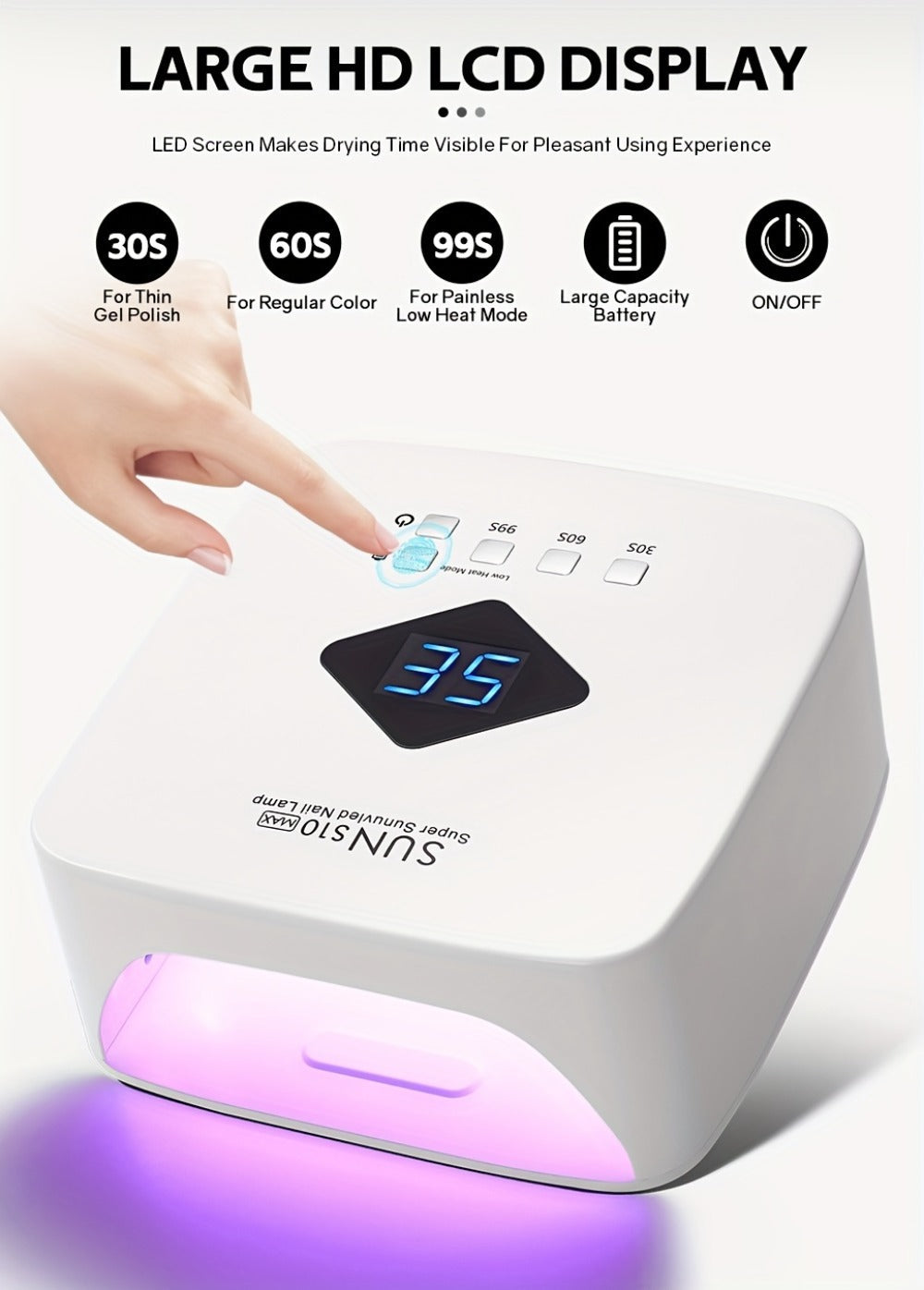 SUN S10 MAX Rechargeable LED Nail Lamp with 30 Dual-Light Beads, LCD Display and Three Timers