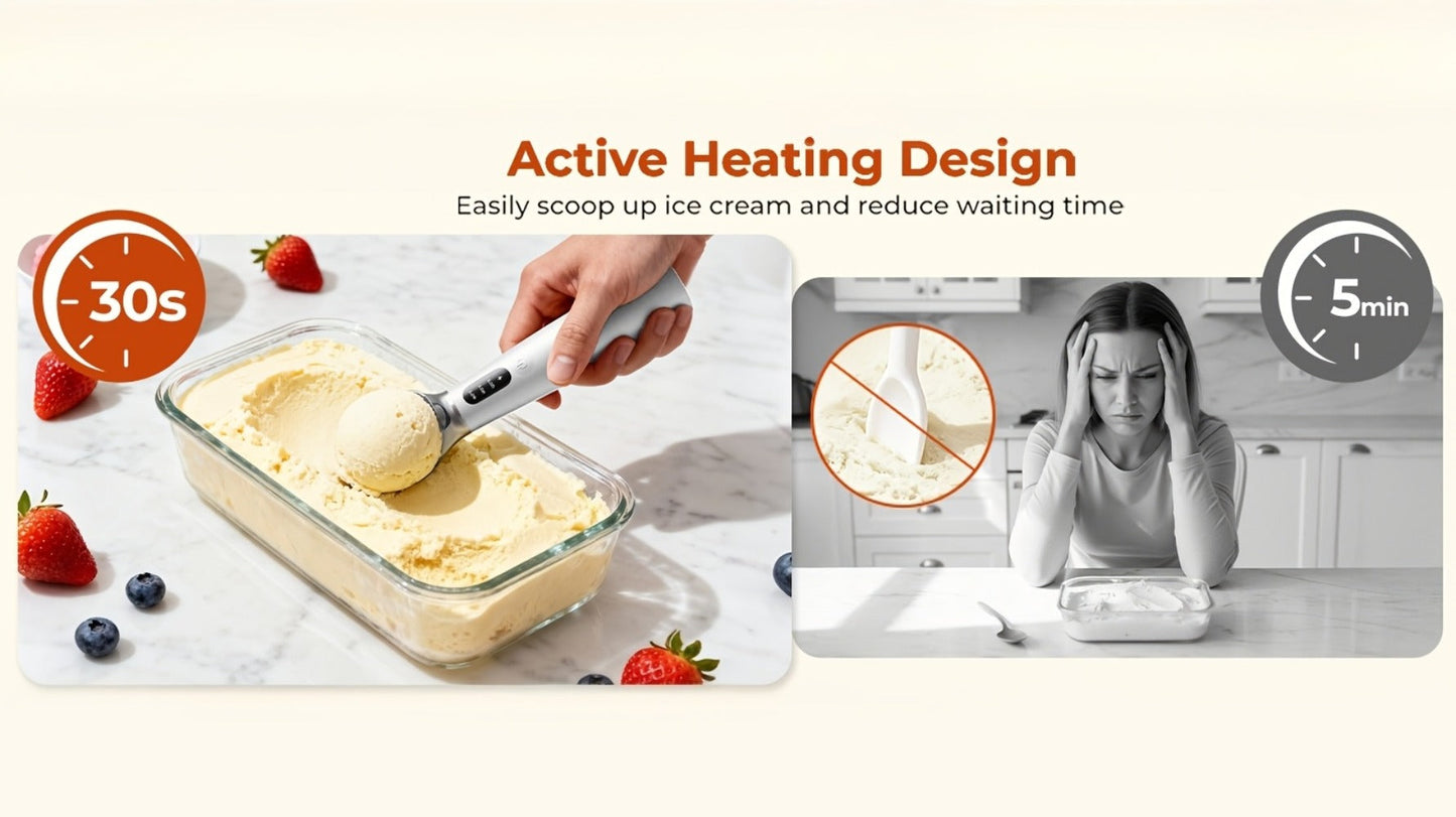 Electric Heated Ice Cream Scoop USB-C Rechargeable with 3 Temperature Settings 120°F 140°F 160°F IPX7 Waterproof Ergonomic Handle Gift for Ice Cream Lovers