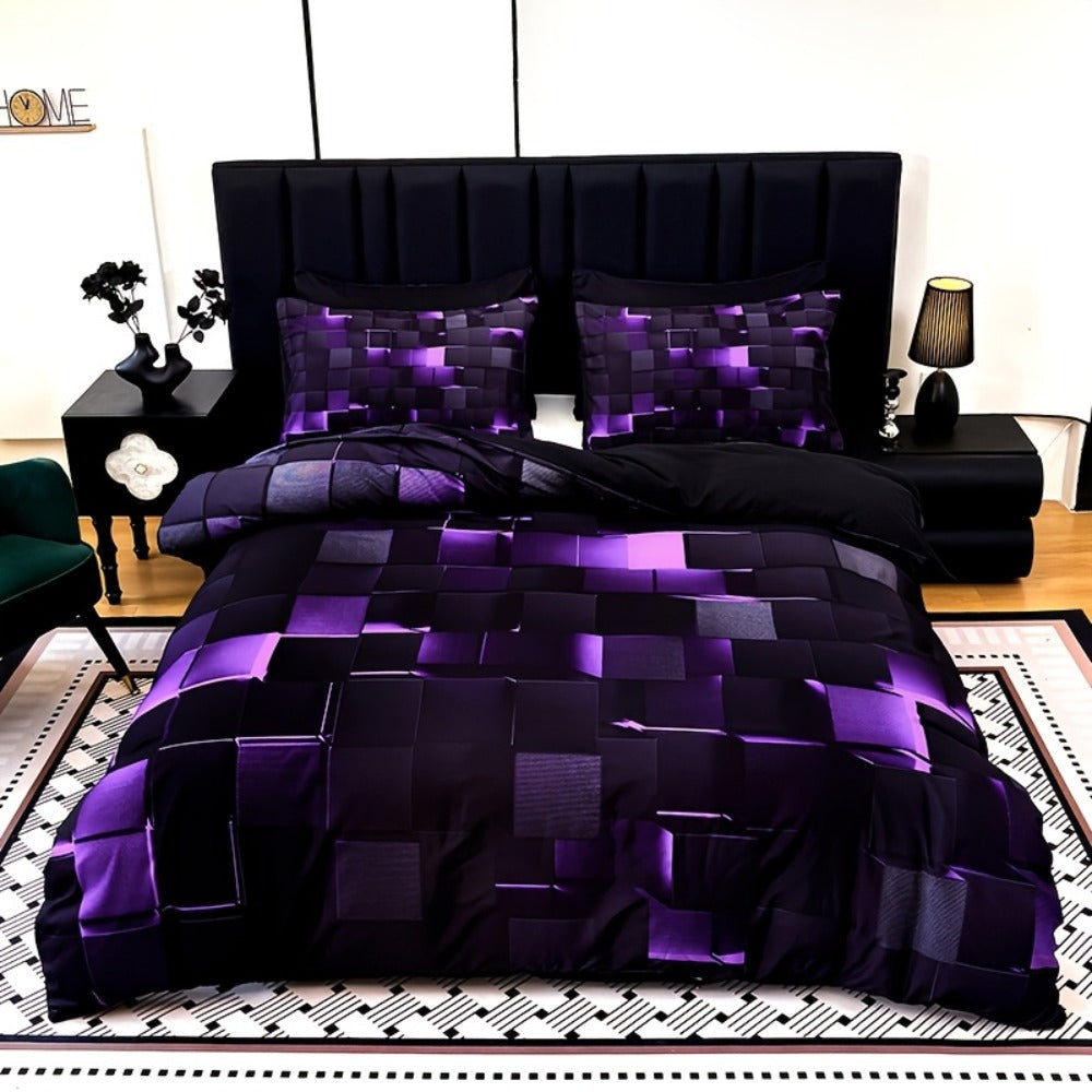 Three-Piece Plaid Duvet Cover Set with Two Pillowcases in Five Colors and Four Bed Sizes for Home and Everyday Use