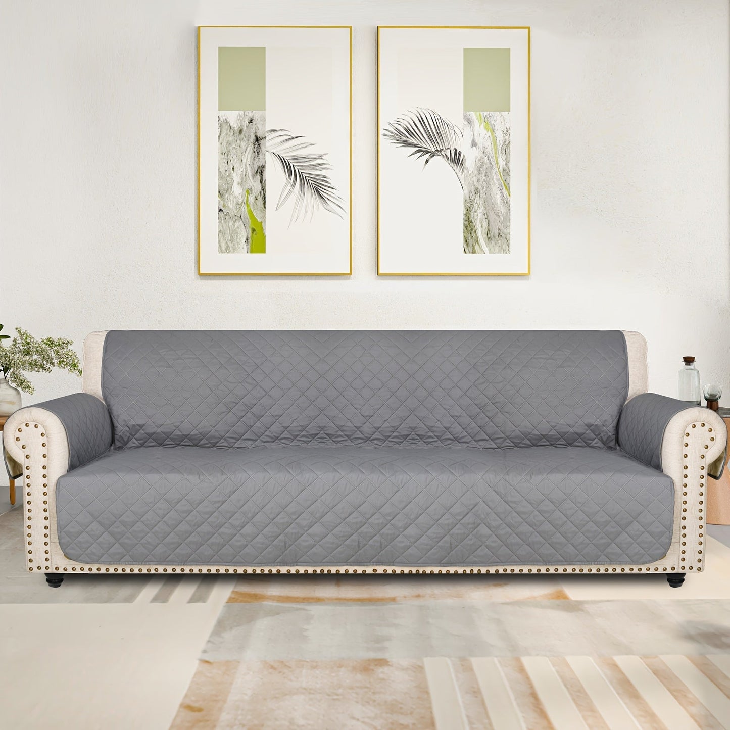Sofa Cover Five-Layer Quilted Microfiber Protector with Elastic Strap and Foam Anchors for 3 or 4 Seats