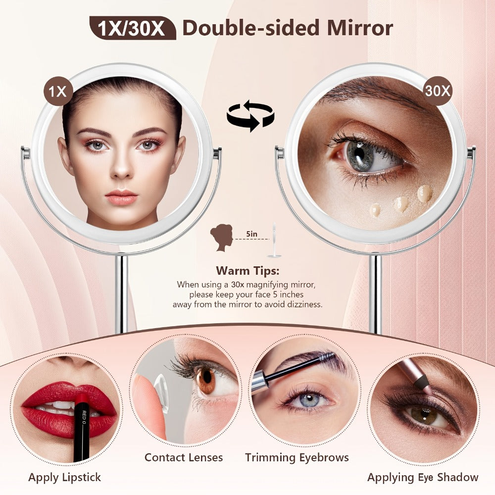 Makeup Mirror Dual-Sided 1X and 30X Round Chrome-Finish Stand with 360° Rotation and Detachable Frame