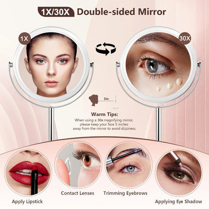Makeup Mirror Dual-Sided 1X and 30X Round Chrome-Finish Stand with 360° Rotation and Detachable Frame