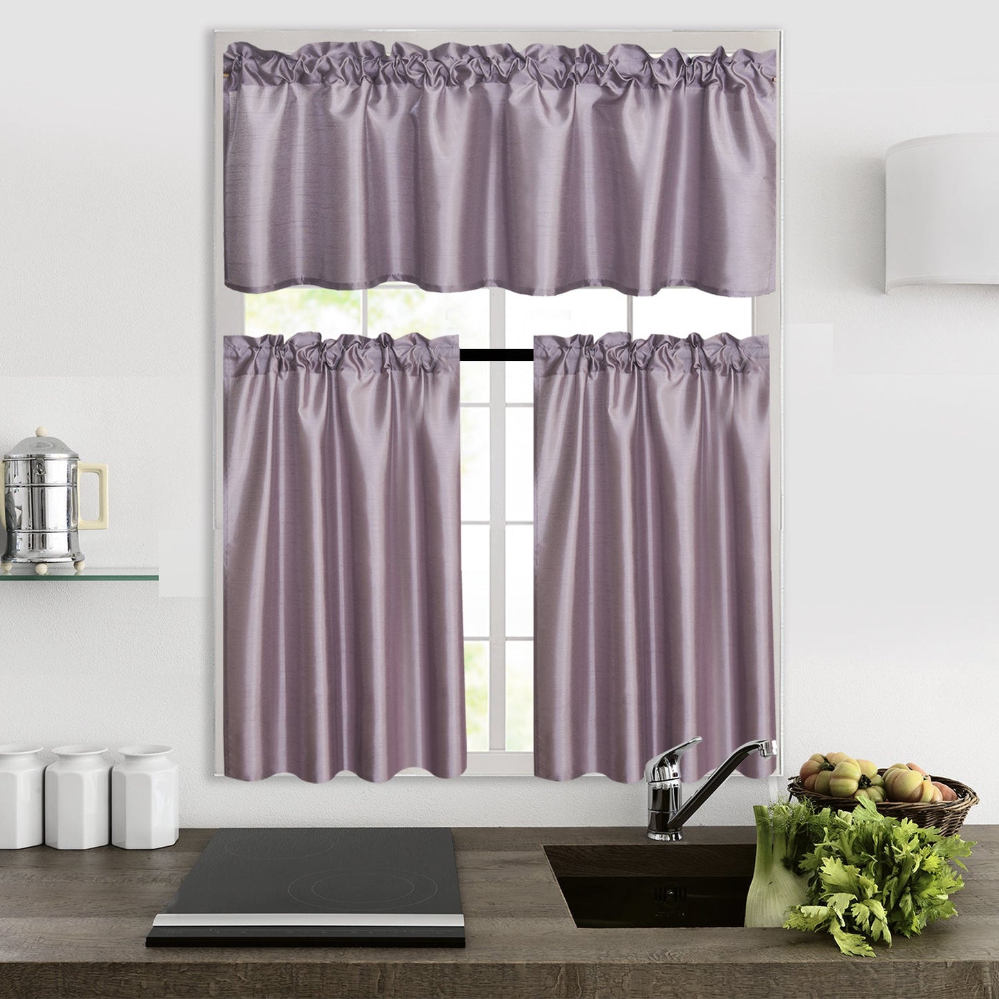 Kitchen Curtains 3 Panels Faux Silk Sheer Tier and Valance Set Rod Pocket 2 Tiers 26x36 inch + Valance 52x14 inch for Kitchen Bathroom Window Drapes