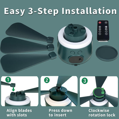 Portable Camping Ceiling Fan 10400mAh USB Rechargeable Remote Control 4-Speed Mute Fan Lamp with Phone Charging for Outdoor Tent Dorm Home White Dark Green