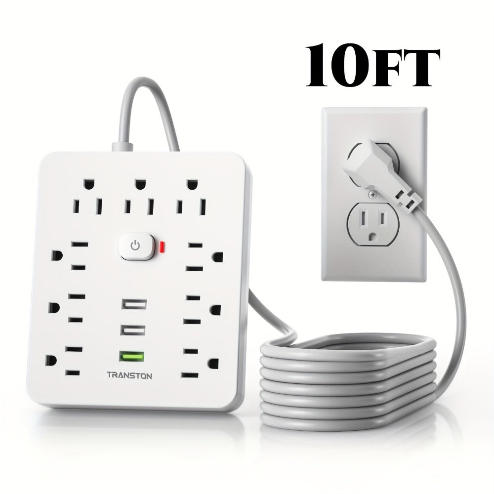 Power Strip 12-in-1 with 45-Degree Angled Plug, 9 AC Outlets, 3 USB-A Ports and 10-Foot Extension Cord