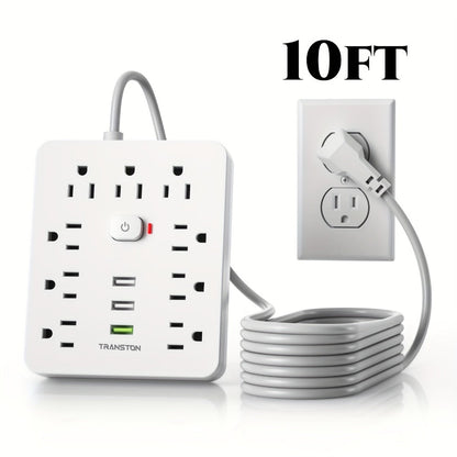 Power Strip 12-in-1 with 45-Degree Angled Plug, 9 AC Outlets, 3 USB-A Ports and 10-Foot Extension Cord