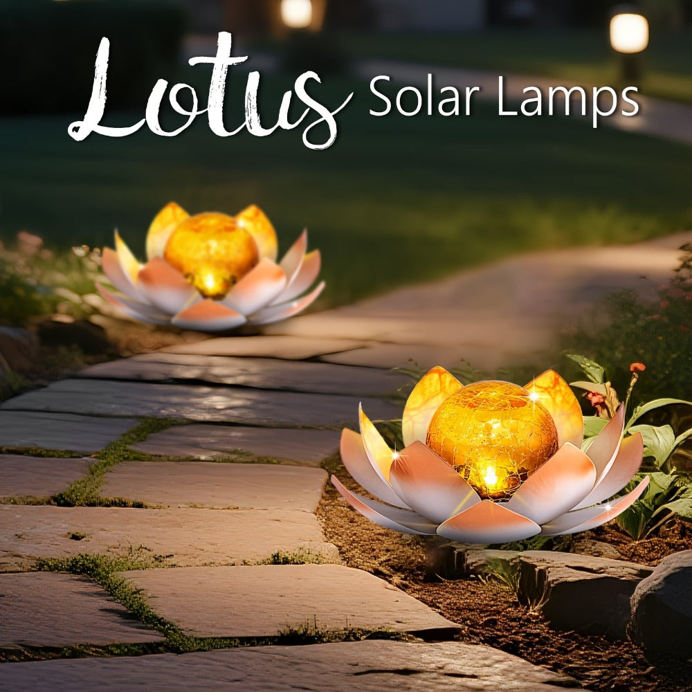 Solar Garden Lights 2-Pack Lotus Stakes with Cracked Glass Globes, Iron Frame and IPX4 Rating