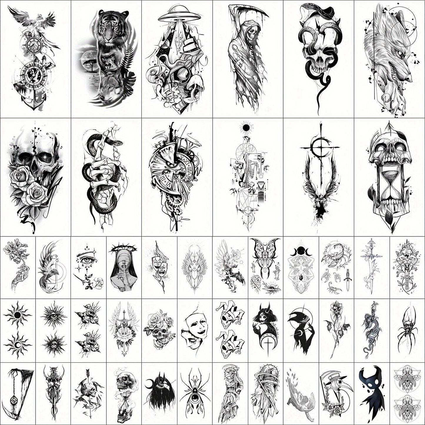 Temporary Tattoos GLARYYEARS 48-Piece Black Skull, Snake and Dark Art Set with 12 Large and 36 Small Sheets