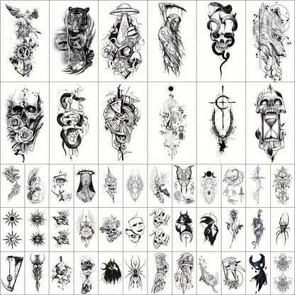 Temporary Tattoos GLARYYEARS 48-Piece Black Skull, Snake and Dark Art Set with 12 Large and 36 Small Sheets