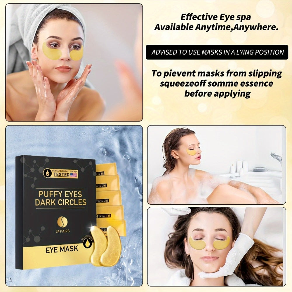 24-Pair Gold-Tone Under-Eye Patch Box with Individual Pouches and Collagen, Glycerin and Hyaluronic Acid Wording