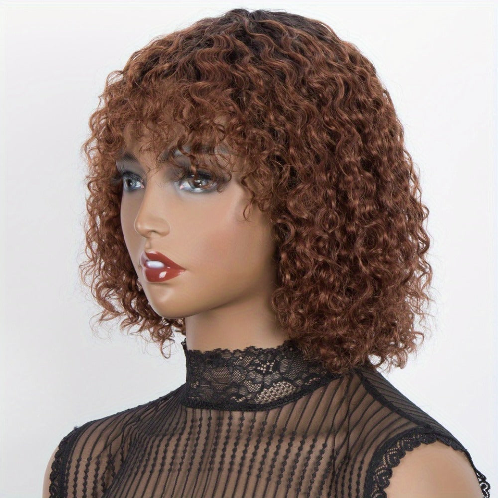 12-Inch Water Wave Bob Human Hair Wig with Bangs, 150% Density and TT1B/33 or P1B/30 Color