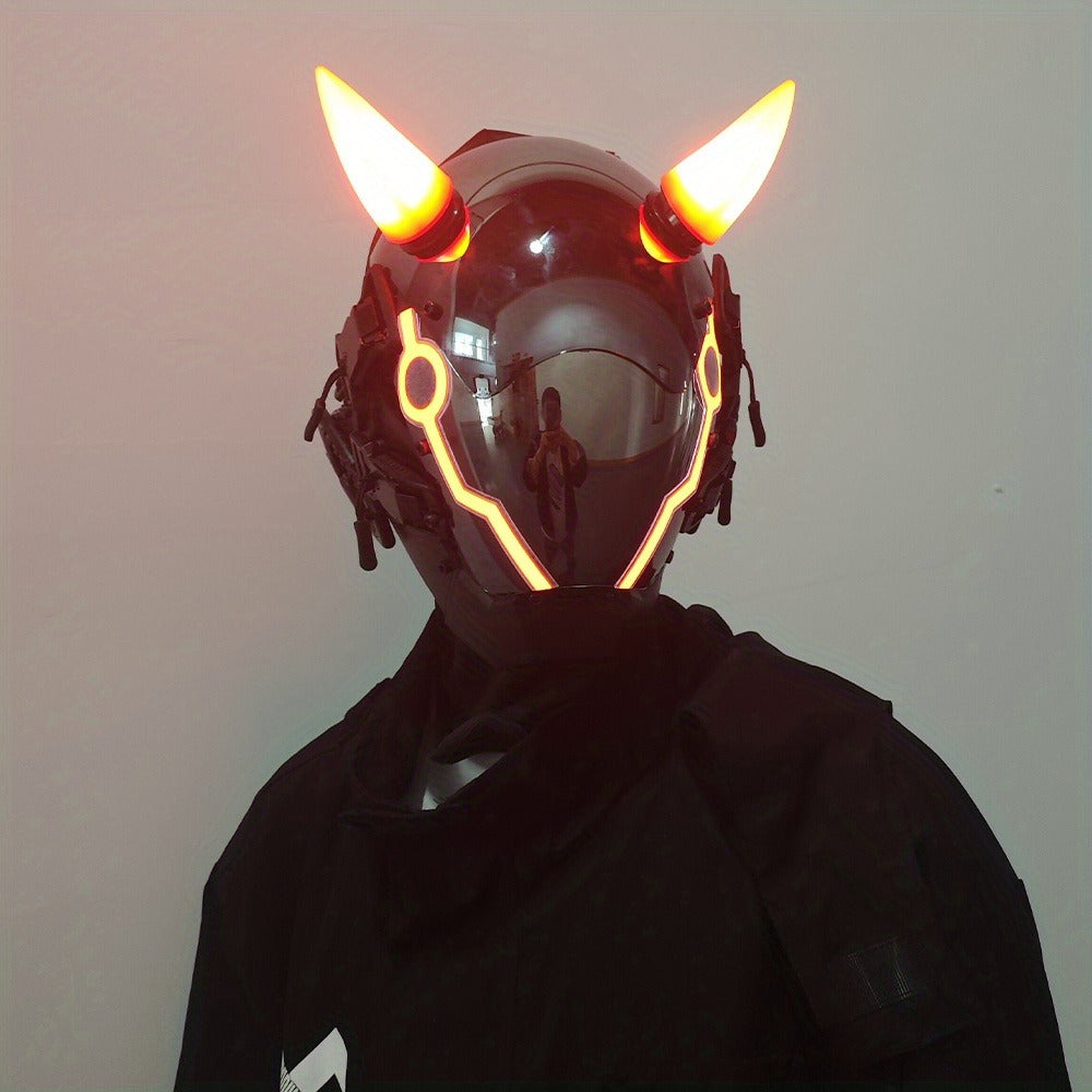 Pink LED Cyberpunk Costume Mask with Horned Full-Face Helmet, Reflective Visor and Lighted Accent Lines