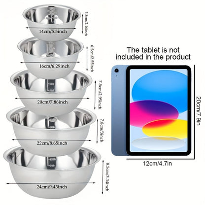 Stainless Steel Mixing Bowl Set 5-Pack with Measurement Markings for Kitchen Cooking Baking Salad Vegetable Washing Fruit Serving & Meal Prep – Stackable Nesting Bowls