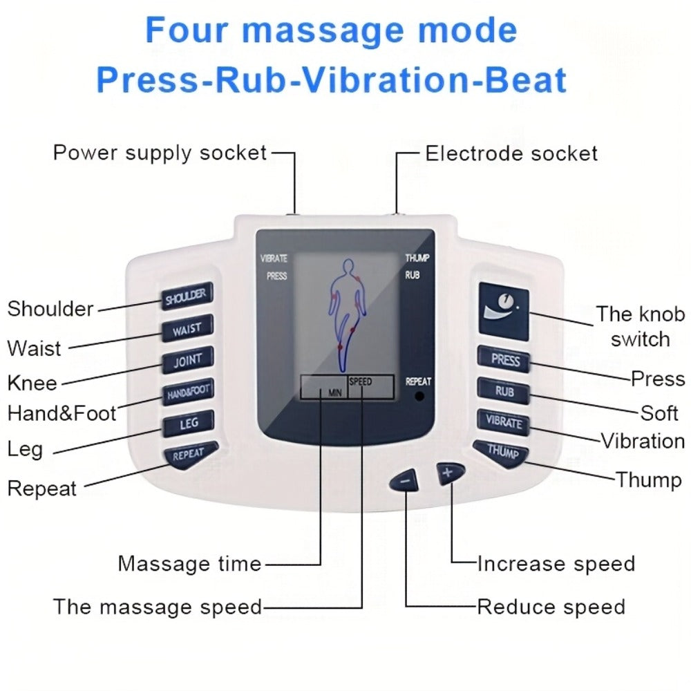 Dual-Channel TENS and EMS Stimulator with Four Electrode Pads in Black 36-Mode or White Versions