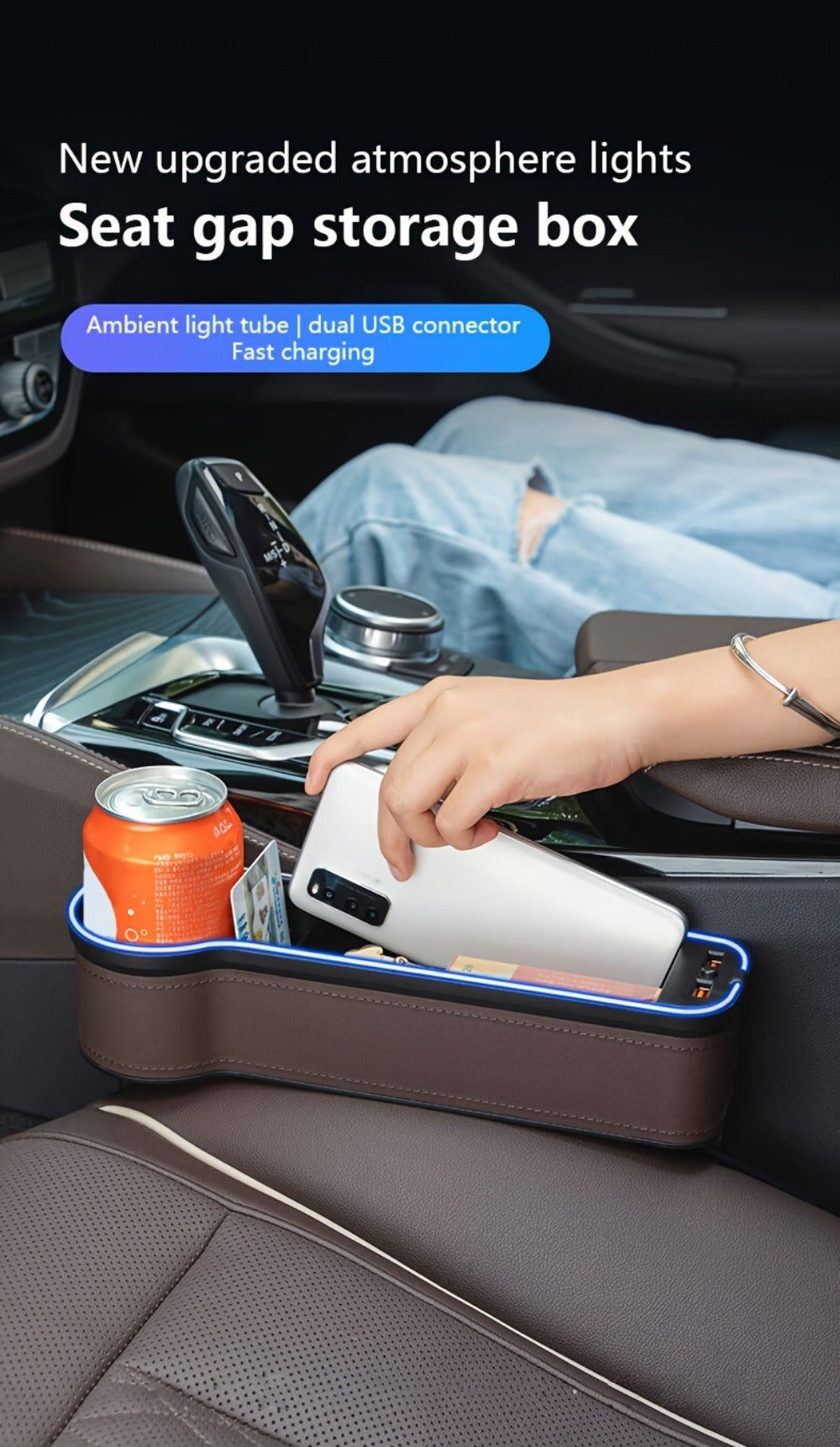 Car Seat Gap Storage Box with Phone Holder & Charger – Sundries Organizer with Ambient Atmosphere Light, Driver & Co-Pilot, 1pc or 2pc Set