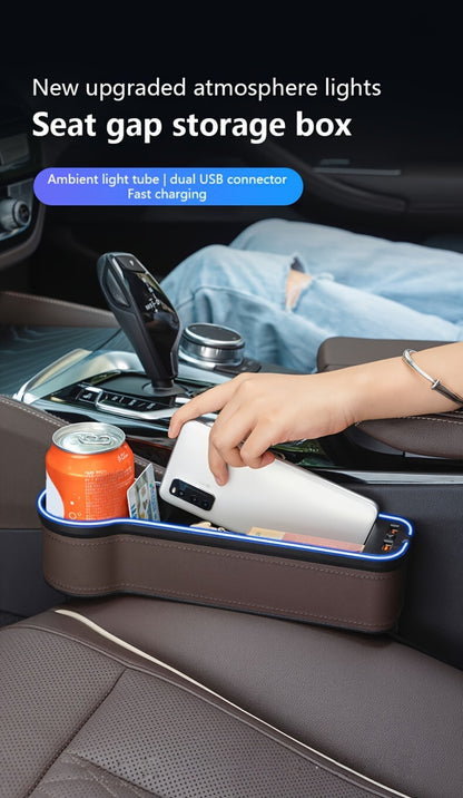 Car Seat Gap Storage Box with Phone Holder & Charger – Sundries Organizer with Ambient Atmosphere Light, Driver & Co-Pilot, 1pc or 2pc Set