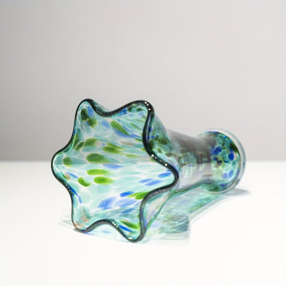 Teal Green Art Glass Flower Vase with Wide Petal-Shaped Mouth, 26 cm Height and Thick Round Base
