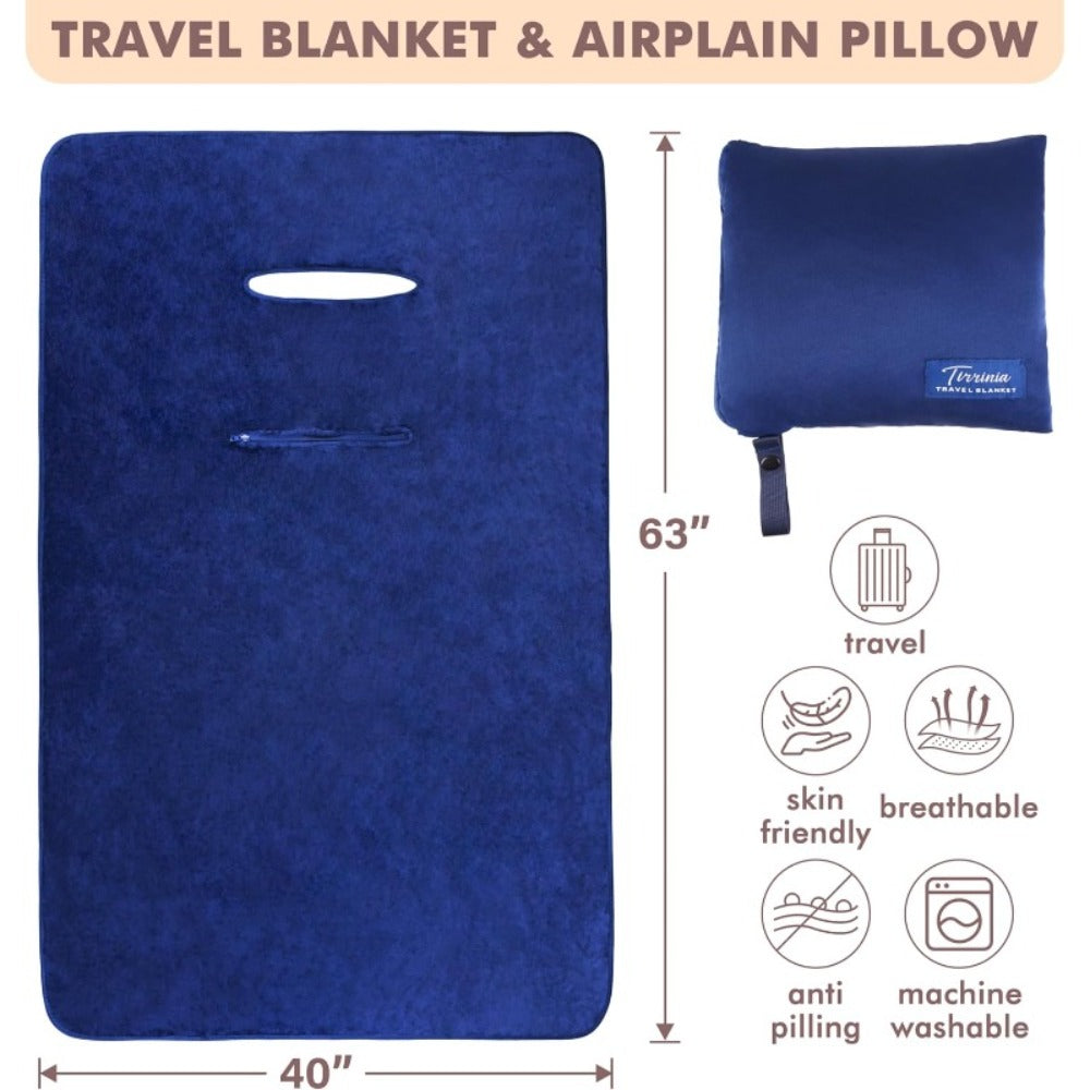 Royal Blue 4-in-1 Travel Blanket with Zipper Bag, Poncho, Pillow and Lumbar Support Format, 40 x 60 Inches