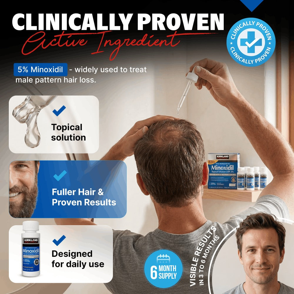 Minoxidil 5% Extra Strength Topical Solution for Men Hair Regrowth - Kirkland Signature 6-Month Supply, 6 x 60ml Bottles with Precision Dropper Applicator, Clinically Proven