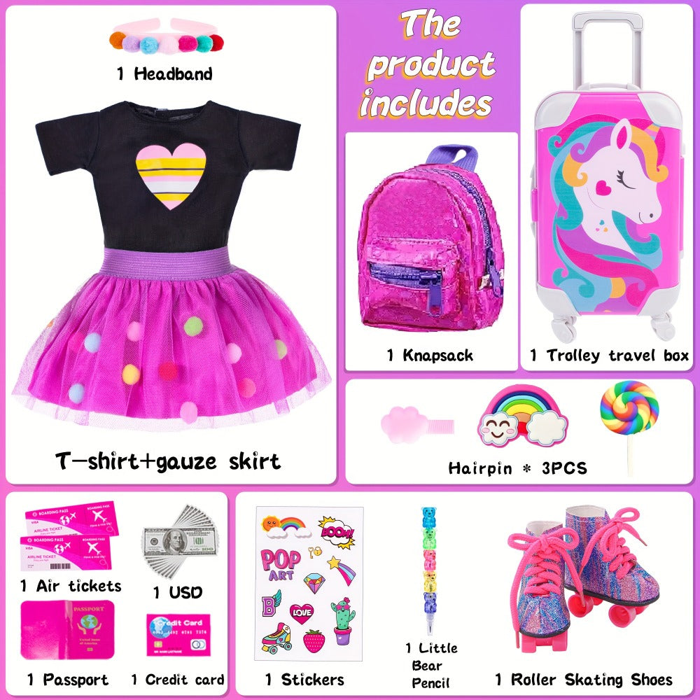 25-Piece Doll Travel Accessories Set for 18-Inch Dolls with Unicorn Suitcase, Backpack, Outfit and Roller Skates