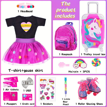 25-Piece Doll Travel Accessories Set for 18-Inch Dolls with Unicorn Suitcase, Backpack, Outfit and Roller Skates