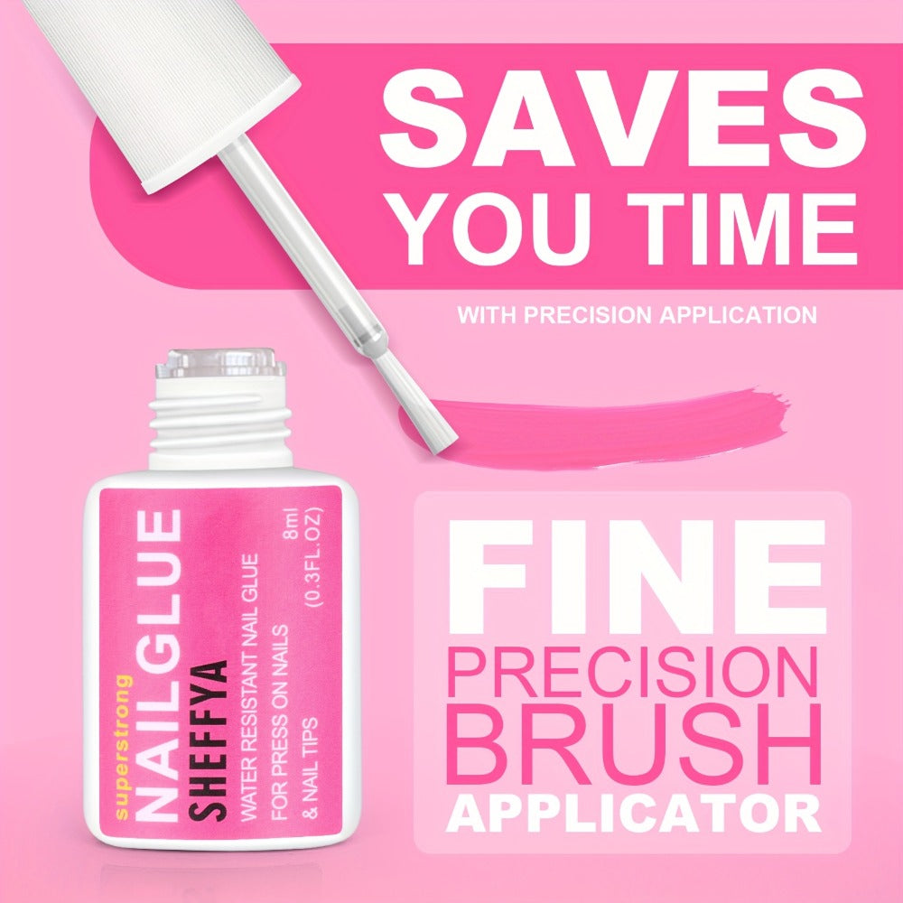 Nail Glue Set, 8ml Brush-On Bottles in 2-, 5- or 10-Piece Options with SHEFFYA Package and EMNAGLUE Bottle Markings
