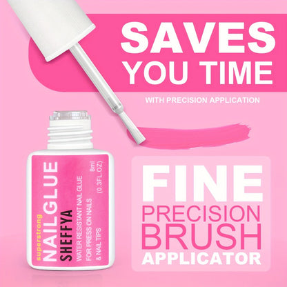 Nail Glue Set, 8ml Brush-On Bottles in 2-, 5- or 10-Piece Options with SHEFFYA Package and EMNAGLUE Bottle Markings