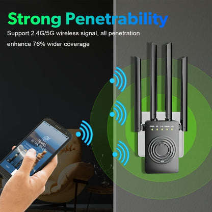 WiFi Range Extender 1200Mbps Dual-Band 2.4/5.8GHz with Four Antennas, WPS Control and Ethernet Port in Black