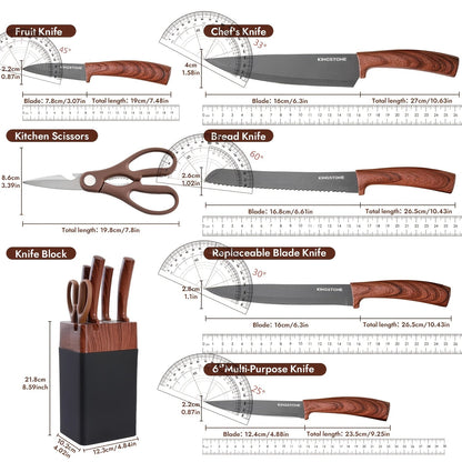 Kitchen Knife Set 7 Pcs with Knife Rack – Stainless Steel Chef Knife, Bread Knife, Replaceable Blade Knife, Multi-Purpose Knife, Fruit Knife & Kitchen Scissors for Home Cooking