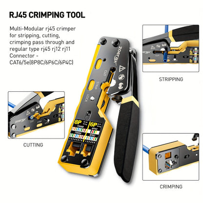 RJ45 Pass-Through Crimping Tool Kit with Cable Tester, Wire Stripper, Pliers and 50 Connectors