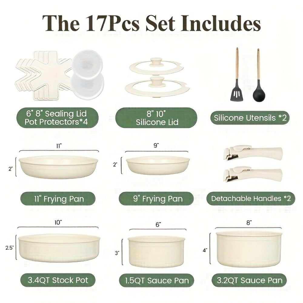 Ceramic-Coated Cookware Set with 17 Pieces, Detachable Handles, Pots, Pans, Lids and Cream Finish
