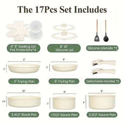 Ceramic-Coated Cookware Set with 17 Pieces, Detachable Handles, Pots, Pans, Lids and Cream Finish