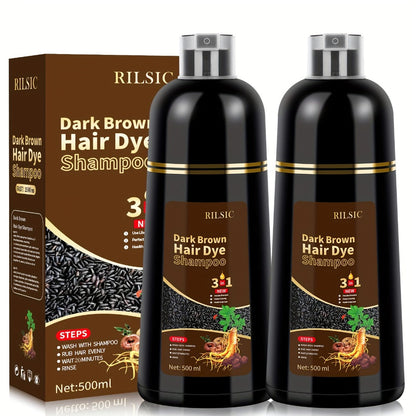 Herbal Hair Dye Shampoo 3-in-1 with Plant Squalene 2pcs 16.91oz — Instant Gray Hair Coverage, Natural Color in Minutes, Brown Dark Brown & Black, Unisex Men & Women