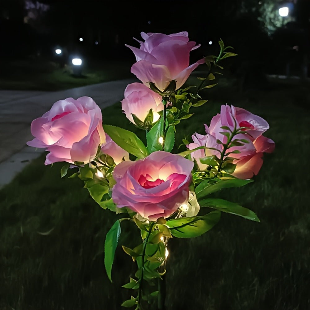 Solar Rose Garden Stake Lights with Separate Panels, Two Stakes and 14 Flowers in Red or Pink