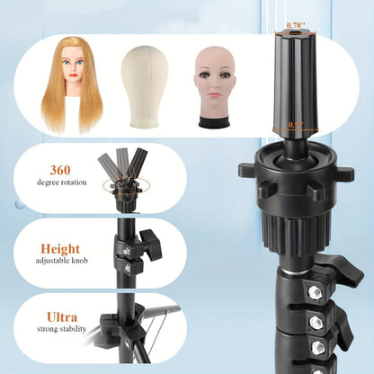 Adjustable Wig Stand Tripod 360 Rotation Aluminum Alloy Height Adjustable to 50 Inch Foldable Portable Mannequin Head Stand for Styling Cosmetology Hairdressing Training Home Salon