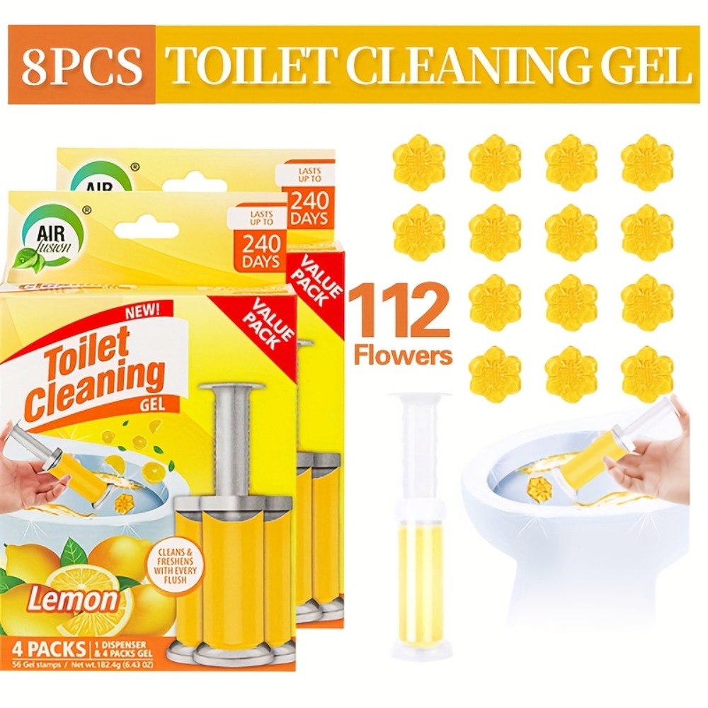 Flower Gel Toilet Stamp Cleaner with Dispenser in Six Scent Labels and 4- or 8-Piece Checkout Packs