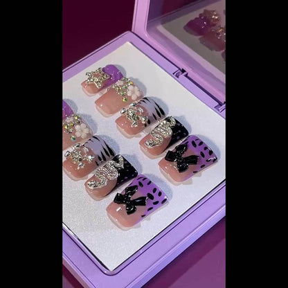 Leopard Skull Press On Nails Short Duckbill 10pcs – Handmade Rhinestone Zebra Bowknot Snake Acrylic Nail Kit with Tools | Edgy Party Daily Wear Nail Art for Women S M L 2026 Trends