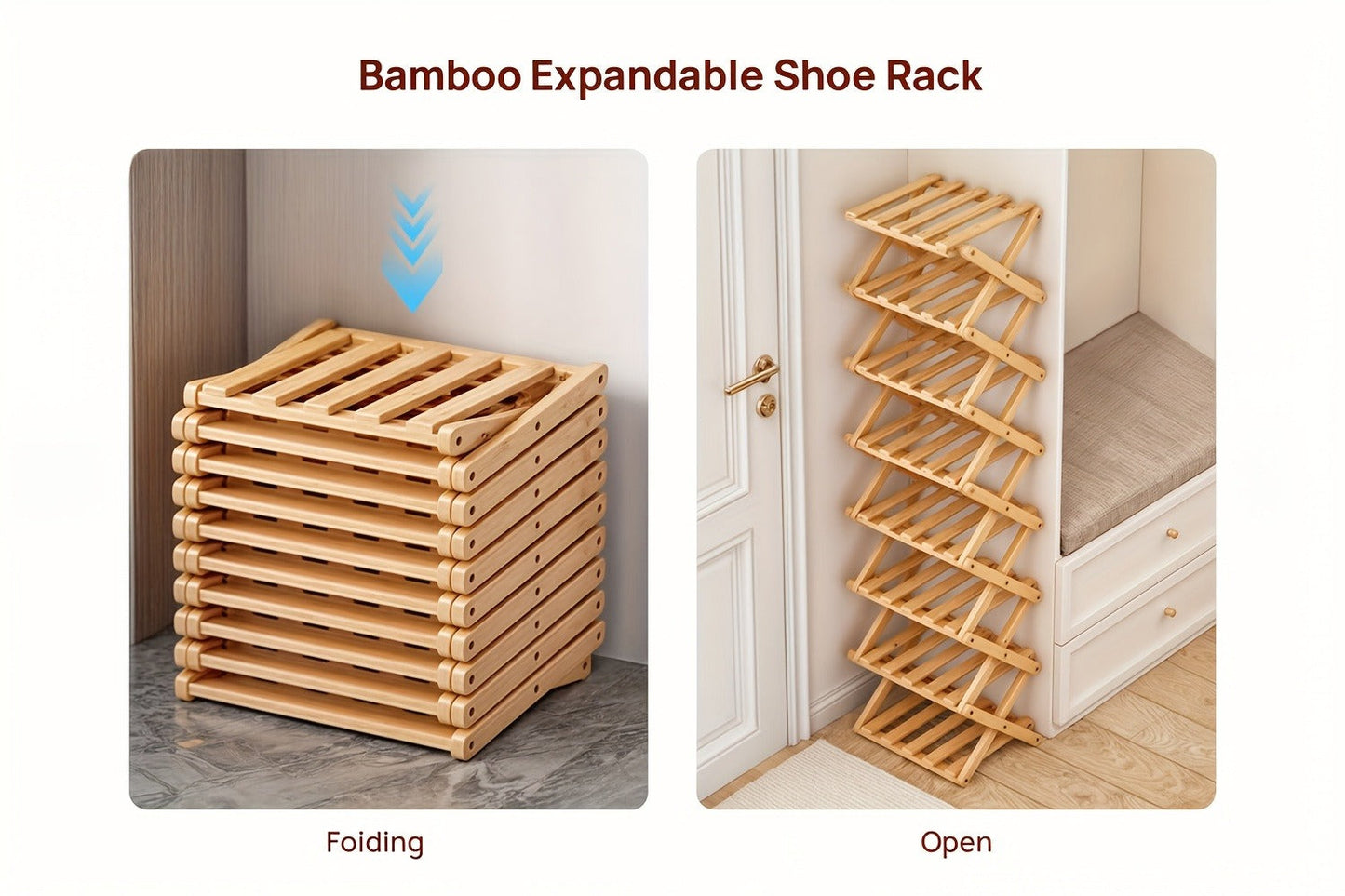 Foldable Bamboo-Labeled Shoe Rack with Six- or Eight-Tier Primary and Brown Checkout Options