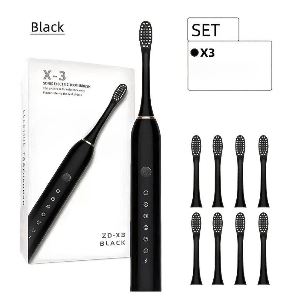 Electric Toothbrush Set with Eight Brush Heads, USB Charging, Soft Bristles and Pink, White or Black Handle