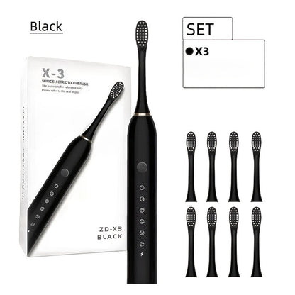 Electric Toothbrush Set with Eight Brush Heads, USB Charging, Soft Bristles and Pink, White or Black Handle