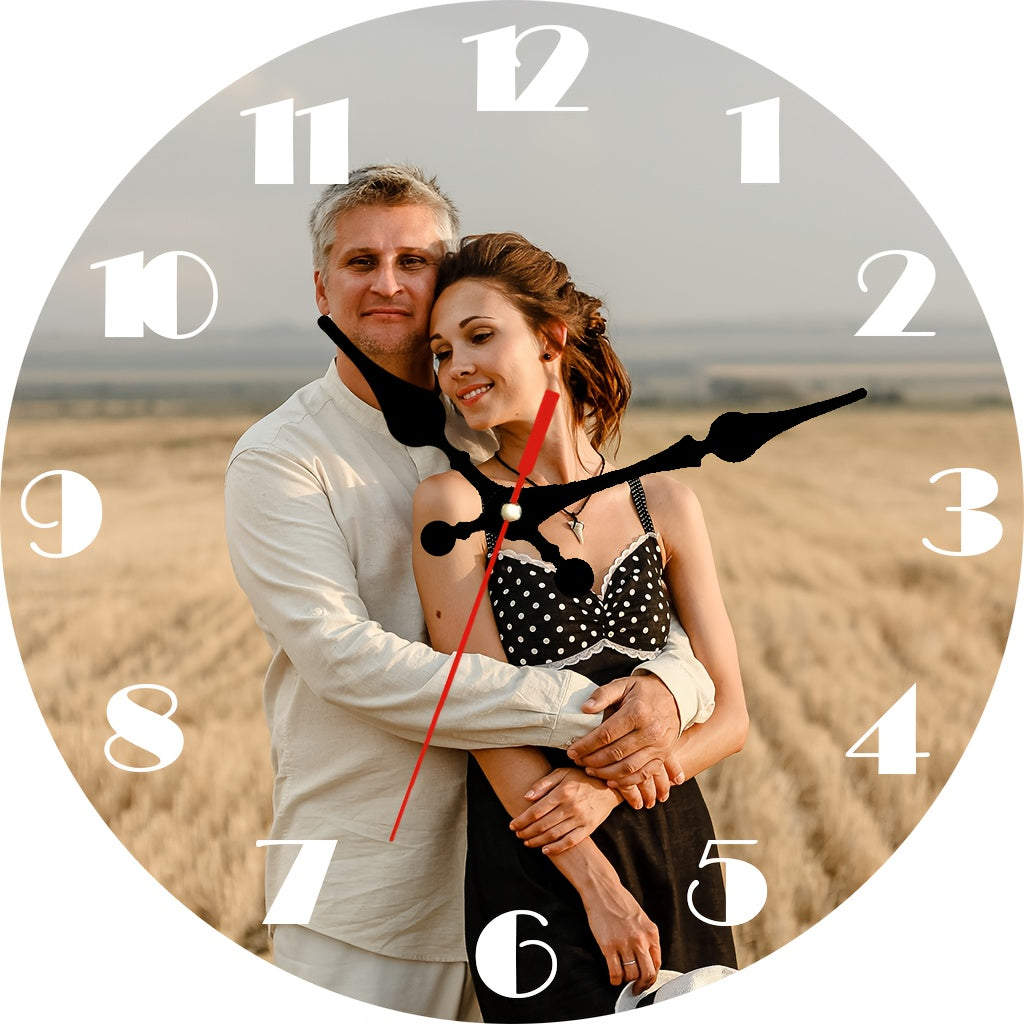 Personalized Custom Photo Wall Clock - Round Wood Silent Clock with Custom Text & Family Name, Self-Assembly, Battery Operated, Unique Mother's Day Gift for Parents, Home Room Decor, 10in 12in