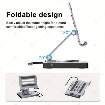 iPad Phone Rotating Stand Docking Station, 4K 60Hz HDMI, Gigabit Ethernet, 100W PD, USB 3.0 Hub, SD/TF Card Reader
