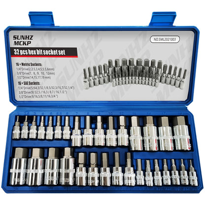 Allen Hex Bit Socket Set 32-Piece - 1/4" 3/8" 1/2" Drive SAE & Metric S2 Steel Hex Key Sockets with Organized Storage Case for Home Improvement DIY Auto Repair