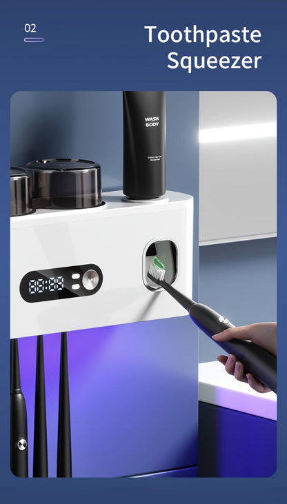 Five-Slot Wall-Mounted Toothbrush Holder with Two Cups, Toothpaste Dispenser and Digital Display