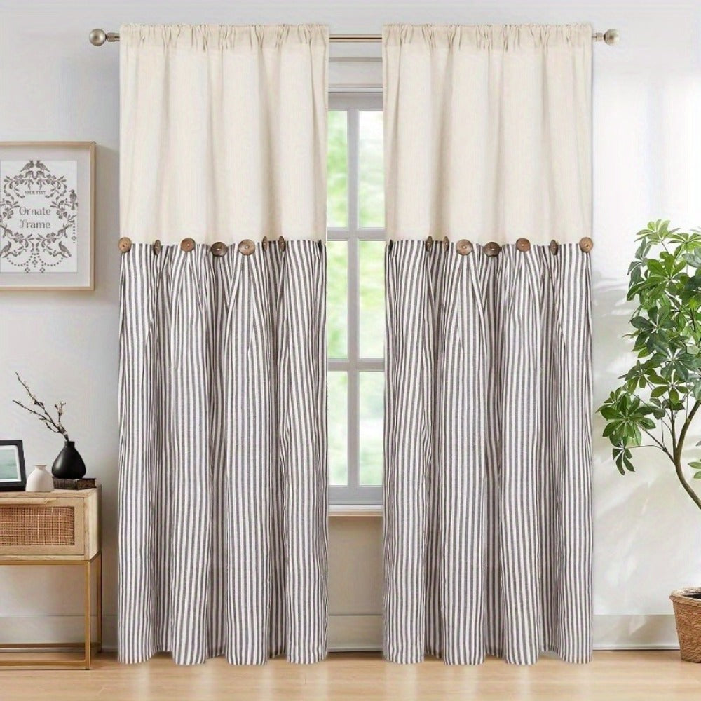Striped Patchwork Window Curtain Set with Rod-Pocket Top, Six Colors and Five Panel-Count or Size Options
