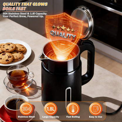 Electric Kettle 1.7L 1000W Double-Wall Stainless Steel with LED Indicator and 360-Degree Base
